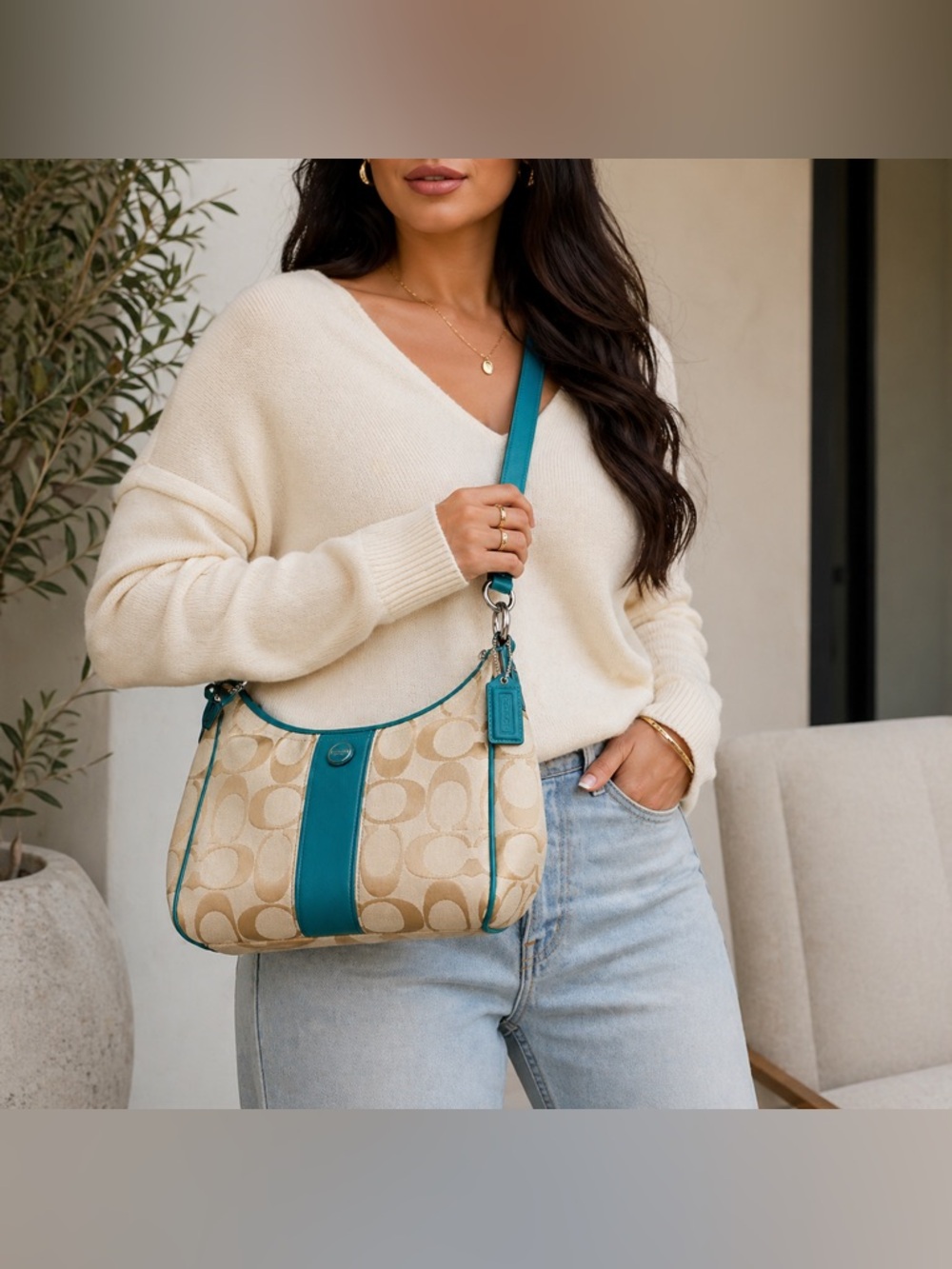 Coach Signature Canvas Shoulder Bag in Khaki & Teal